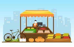 Frutas saudáveis barraca de loja de vegetais carrinho de mercearia em ilustração da cidade vetor