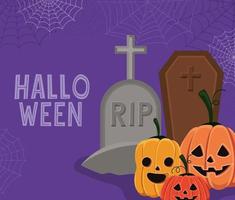 cartão de halloween com abóboras, caixão e pedra de thombstone vetor