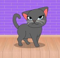 gato preto na frente da parede de tijolos roxos com piso de madeira. ilustração dos desenhos animados do vetor. vetor