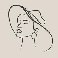 lindo mulher dentro chapéu perfil linha quadrado arte desenho. minimalista moderno mulheres face contínuo linha arte. vetor quadrado social meios de comunicação