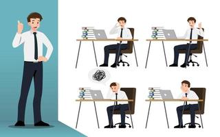 conceito de design plano de empresário com diferentes poses, trabalhando e apresentando gestos, ações e poses do processo. conjunto de design de personagens de desenhos animados do vetor. vetor