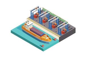 moderno vetor isométrico ou infográfico elemento representando carga porta com guindastes Carregando containers em a recipiente enviar, empilhadeiras. adequado para infográficos, e de outros gráfico relacionado ativos