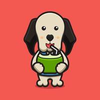 mascote cachorro fofo personagem beber coco desenho animado ícone ilustração vetorial vetor