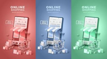 compras online nas redes sociais. smartphone com sacola de compras e caixa de presente. lojas digitais, entrega de aplicativos. ilustração vetorial vetor