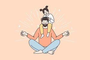 feliz paternidade e infância conceito. jovem sorridente pai sentado meditando e segurando escondeu pequeno feliz filha em dele ombros vetor ilustração