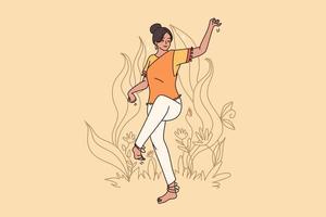 feliz jovem mulher dançarino dentro indiano roupas apreciar tradicional dança ao ar livre dentro natureza. sorridente menina mostrar folk oriental movimento gestos. Índia cultura conceito. desenho animado personagem, vetor ilustração.