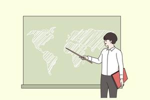 Garoto aluna com ponteiro responda às borda em geografia classe mostrar em mapa. aluno faço apresentação dentro escola ou faculdade. Educação e conhecimento conceito. plano vetor ilustração, desenho animado personagem.