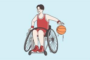 ativo estilo de vida do pessoa conceito. jovem sorridente Garoto em cadeira de rodas sentado jogando basquetebol desfrutando desportivo estilo de vida vetor ilustração