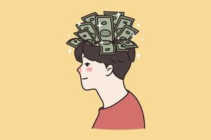 dinheiro dólar notas crescer a partir de bem sucedido homem cabeça. homem de negocios financeiro capital crescimento. intelectual investimento. finança e o negócio conceito. prosperidade e fortuna. vetor ilustração.