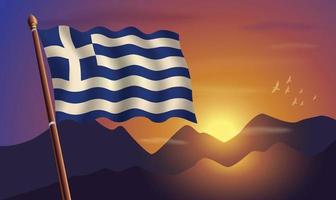 Grécia bandeira com montanhas e pôr do sol dentro a fundo vetor