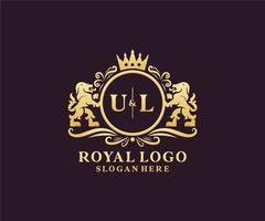 modelo de logotipo de luxo real de leão de letra ul inicial em arte vetorial para restaurante, realeza, boutique, café, hotel, heráldica, joias, moda e outras ilustrações vetoriais. vetor