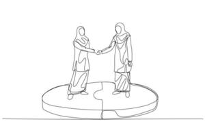 desenho animado do muçulmano mulher em pé dentro conectado enigma tremendo mão. conceito do o negócio acordo. solteiro linha arte estilo vetor
