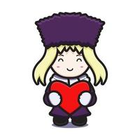 linda garota com fantasia de inverno personagem mascote segurando um coração vermelho ícone de desenho animado vetor