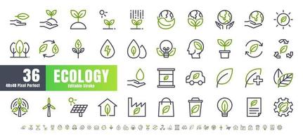 vetor de 36 ecologia e conjunto de ícones de contorno de linha bicolor de energia verde. Traço editável perfeito de 48x48 e 192x192 pixels.