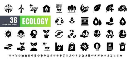 vetor de 36 ecologia e conjunto de ícones de glifo sólido de energia verde. 48x48 e 192x192 pixels perfeitos.
