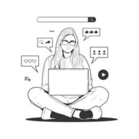 mulher trabalhando em computador portátil enquanto sentado em a chão. social meios de comunicação vetor