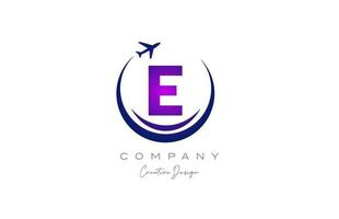 e alfabeto carta logotipo com avião para uma viagem ou reserva agência dentro roxo. corporativo criativo modelo Projeto para companhia e o negócio vetor