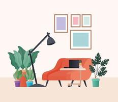 poltrona laranja com plantas para laptop e lâmpada em design de vetor de sala de estar