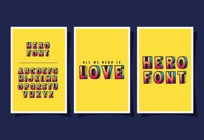 Letras e alfabeto de amor de super-herói 3D em design de vetor de fundos amarelos