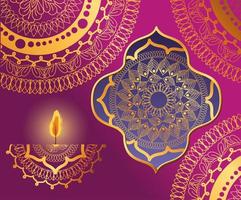 cartão de vela de diwali feliz com fundo de mandala de arabescos vetor