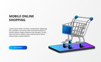 Carrinho de ilustração 3D isométrica com smartphone. conceito de compras e comércio eletrônico da loja online. vetor