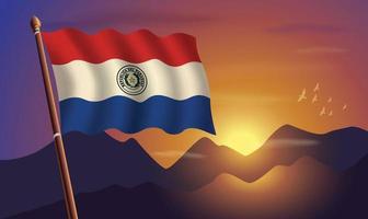 Paraguai bandeira com montanhas e pôr do sol dentro a fundo vetor