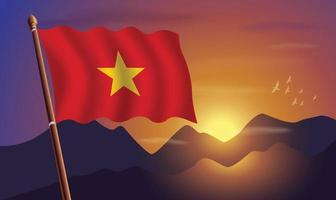 Vietnã bandeira com montanhas e pôr do sol dentro a fundo vetor