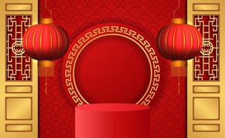 pódio e lanternas do ano novo chinês vetor