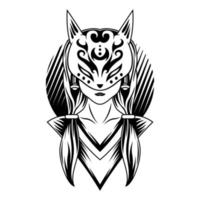 gueixa Japão menina kitsune Lobo mascarar Preto e branco Raposa logotipo vetor ilustração modelo