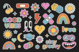 retro Anos 70 hippie adesivos, groovy elementos. desenho animado funky flores, arco-íris, vintage hippie estilo elemento vetor definir. estoque vetor gráficos. flores, arco-íris, coração, emoções. colorida retro elementos.