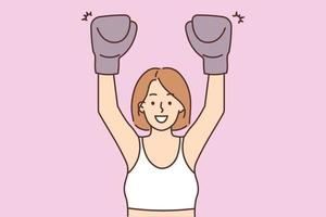 sorridente ativo mulher dentro boxe luvas Faz Esportes Segue saudável vida. feliz tonificado fêmea boxer Treinamento ou exercício. vetor ilustração.