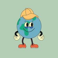 fofa planeta terra personagem. fofa terra globo com emoções, face, mãos, boné, pés dentro sapato. desenho animado estilo. mão desenhado moda vetor ilustração. mundo terra dia, natureza Cuidado conceito