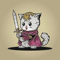 fofa gato Guerreiro com gigante espada arma e vermelho de capuz vetor ilustração obra de arte personagem Projeto