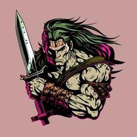 Guerreiro com grandes cabelo e espada ilustração vetor obra de arte