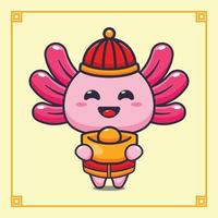 fofa axolotl com ouro lingote dentro chinês Novo ano. vetor