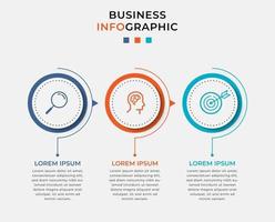 modelo mínimo de infográficos de negócios. linha do tempo com 3 etapas, opções e ícones de marketing. Infográfico linear de vetor com dois elementos de círculo conectado. pode ser usado para apresentação.