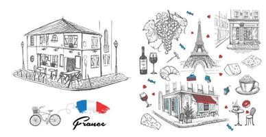 conjunto de ícones franceses desenhados à mão, ilustração de esboço de paris vetor