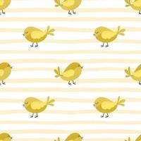 desatado padronizar com fofa desenho animado amarelo pássaros, galinhas. pequeno filhotes em uma amarelo listrado texturizado fundo. para Páscoa invólucro papel e crianças têxteis. cor vetor ilustração