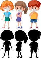 conjunto de crianças diferentes usando máscara de personagem de desenho animado com silhueta vetor