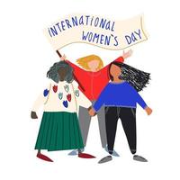 internacional mulheres dia vetor ilustração dentro plano estilo. multinacional fêmea grupo. mulheres em pé juntos com bandeira