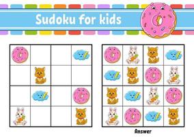 sudoku para crianças. planilha de desenvolvimento de educação. Personagem de desenho animado. página de atividade de cor. jogo de quebra-cabeça para crianças. treinamento de raciocínio lógico. ilustração vetorial. vetor