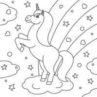 livro de colorir para crianças. o unicórnio mágico se ergueu. o cavalo animal fica nas patas traseiras. estilo de desenho animado. ilustração vetorial plana simples. vetor