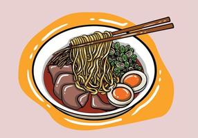 tradicional japonês ramen e onda para restaurante impressão em wallpaper.ramen vetor ilustração para rabisco arte.nascer do sol com pauzinhos vetor