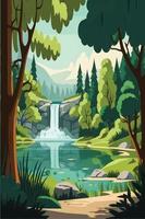 sereno natureza panorama com lago, cascata e exuberante verde árvores plano vetor ilustração ideal para social meios de comunicação Postagens e Publicidades