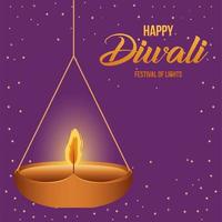 feliz diwali pendurando vela em desenho vetorial de fundo roxo vetor