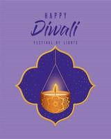 feliz diwali pendurando uma vela na janela em um desenho vetorial de fundo roxo vetor