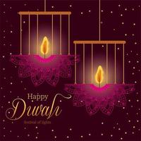 feliz diwali pendurando velas de mandalas em desenho vetorial de fundo roxo vetor