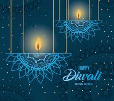 feliz diwali pendurando velas de mandalas em desenho vetorial de fundo azul vetor