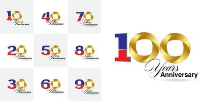 conjunto de números de celebração de aniversário de 10, 20, 30, 40, 50, 60, 70, 80, 90 anos vetor