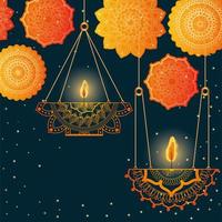 feliz diwali pendurando velas com desenho de mandalas laranja vetor